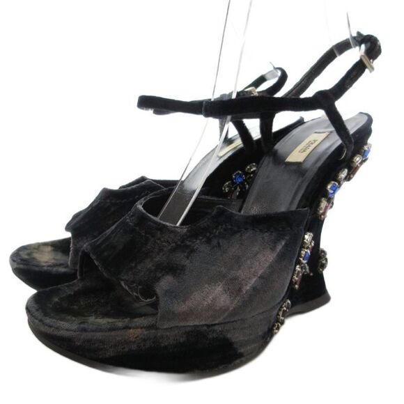 Prada Shoes - Prada Velor Wedge Sole Sandals High Heel Platform Bijou Strap 37.5 Black GV •